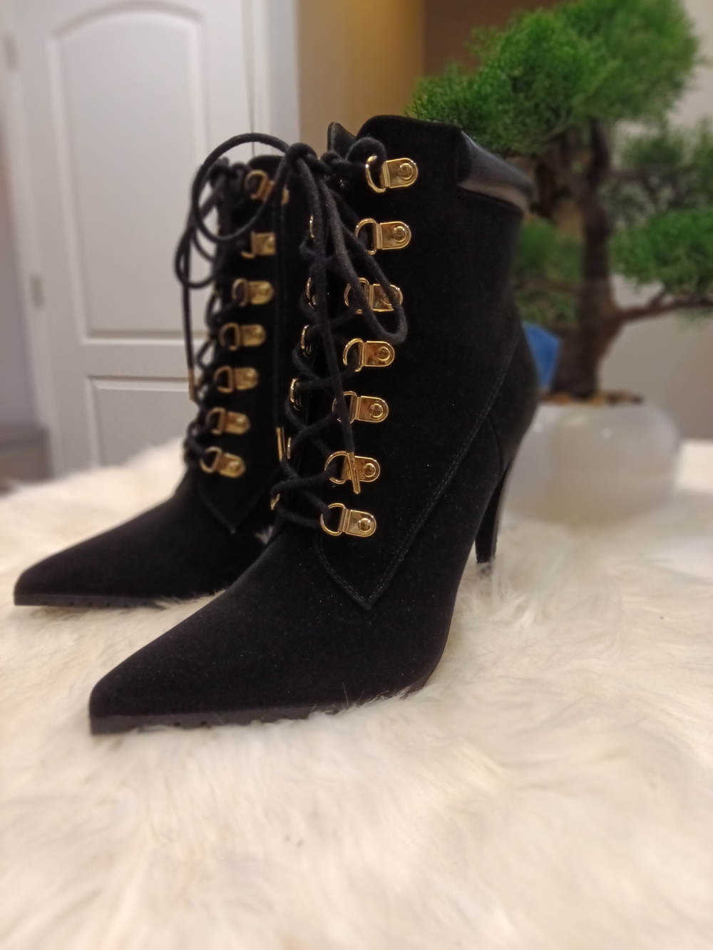 Women's Black Suede Lace-Up Stiletto Ankle Boots